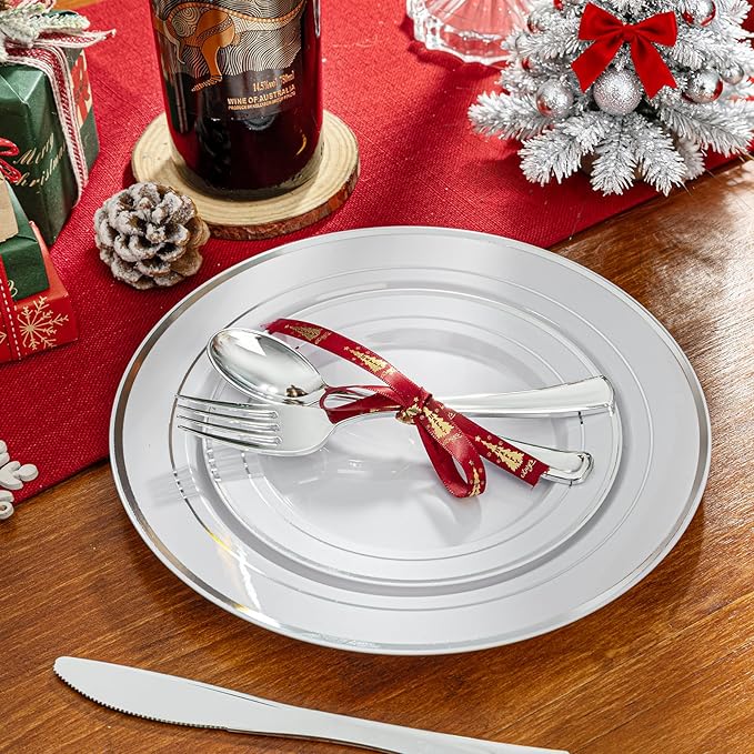 WDF 180 Pieces Silver Plastic Silverware - Silver Plastic Cutlery - Fancy Plastic Silverware Heavy Duty - 60 Forks 60 Knives 60 Spoons - Disposable Plastic Utensils Perfect for Party/Wedding/Christmas