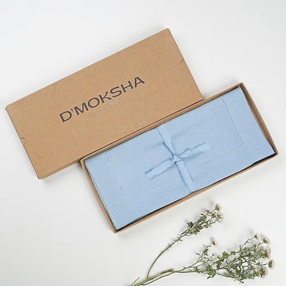 D'Moksha Homes Linen Powder Blue Table Runner 36 Inches - 100% Pure Linen Small Table Runner 14 x 36 Inch Ideal for Dresser, Coffee Tables, Christmas, Holiday - Classic Hemstitch