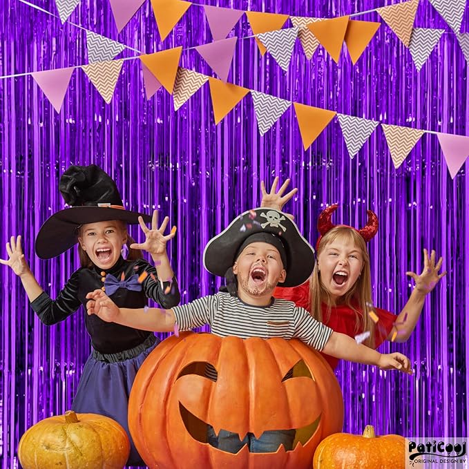 Thicken Purple Streamers 4 Pack 3.2 x 8.2 FT, Purple Birthday Decorations Tinsel Backdrop Curtains, Foil Fringe Photo Backdrop for Halloween, Graduation Party Decorations