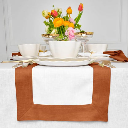 Solino Home Linen Table Runner 48 Inches - 100% Pure Linen Cinnamon and White Small Table Runner 14 x 48 Inch Ideal for Dresser and Coffee Tables - Contempo - Fall, Autumn