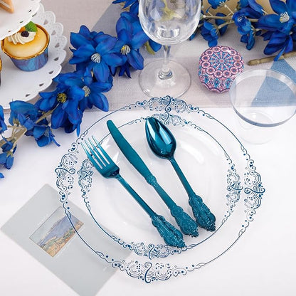 Hioasis 175pcs Clear Blue Plastic Plates - Elegant Disposable Dinnerware Set Suitable for 25 Guests Include 10.25" Dinner & 7.5" Dessert Plates, Pre Rolled Silverware Set, Cups for Party & Christmas