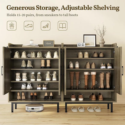 Yaheetech Shoe Storage Cabinet with Doors, Farmhouse Shoe Cabinet with 2 Adjustable Shelves and 4 Side Hooks, Wooden Shoe Rack Organizer Cabinet for Entryway, Foyer, Hallway, Washed Gray