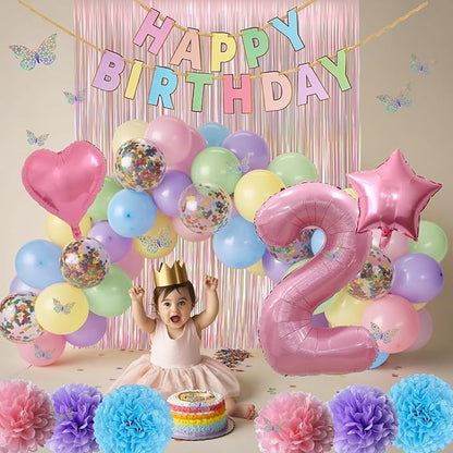 Pastel 2nd Birthday Party Decorations for Girls Number 2 Balloon Happy Birthday Banner Butterfly Stickers Fringe Curtain Paper Pom Poms Macaron Pink Star Foil Colorful Balloons Baby 2 Year Old Decor