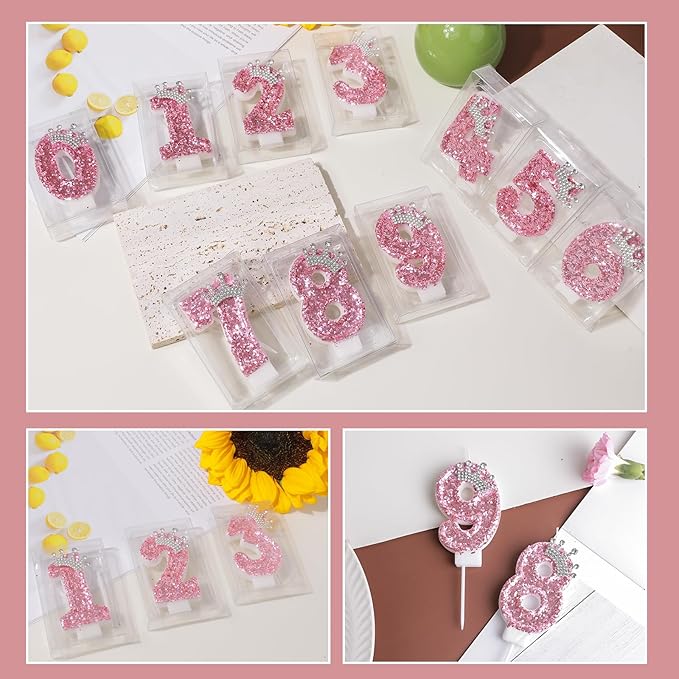 Birthday Number Candles,Pink Crown Birthday Candles for Cake,Glitter Number 0 Candle Cake Topper with Sequins for Girls,Women, Anniversary Celebrations Supplies (Pink 0)