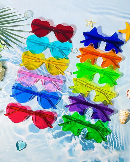 Wholesale 48 Pack Rimless Star/Heart Sunglasses Bulk Adults Unisex, Fun Colorful Star Heart Glasses Party Favors