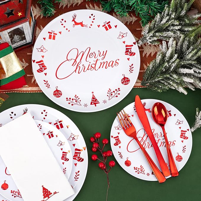 Ciaell 175 Pieces Christmas Plastic Plates include 50 Red Plastic Plates, 25Knives, 25Forks, 25Spoons, 25cups, 25Napkins for Christmas Party