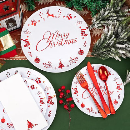 Ciaell 175 Pieces Christmas Plastic Plates include 50 Red Plastic Plates, 25Knives, 25Forks, 25Spoons, 25cups, 25Napkins for Christmas Party