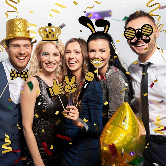 Photo Booth Props, Kaluofan 25PCS Black and Gold Party Decorations, Funny Photo Party Props Accessories for Adults and Kids, Photo Booth Props for Wedding Birthday Christmas New Year‘s Eve