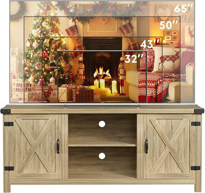 YESHOMY Modern Farmhouse TV Stand with Two Barn Doors and Storage Cabinets for Televisions up to 65+ Inch, Entertainment Center Console Table, Media Furniture for Living Room, 58 Inch, White Oak