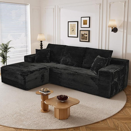 108" L Shaped Boneless Sectional Couches for Living Room, Wide Armrest, Deep Seat, Memory Foam, Assembly Free, Modern Comfy Corduroy Fluffy Cloud Sofa with Left Chaise, Black