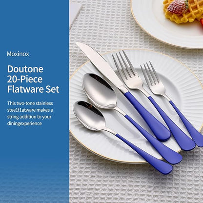20-Piece Blue Silverware Set, 18/0 Stainless Steel Blue Handle Flatware Set, Service for 4, Modern Cutlery Set Includes Dinner Knives Forks Spoons, Mirror Polished, Dishwasher Safe