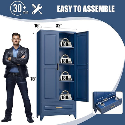 75" Tall Metal Storage Cabinet, Kitchen Pantry Storage Cabinets with Doors and 3 Shelves, Blue Pantry Cabinet with Drawer, Utility Kitchen Cupboard, Large Steel Cabinets for Living Room