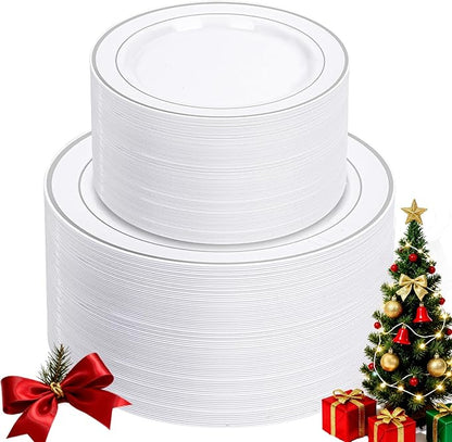 NOCCUR 200PCS Silver Plastic Plates Disposable for 100 Guests - Include 100 Dinner / 100 Dessert Plates Heavy Duty - Ideal for Party/Wedding/Christmas