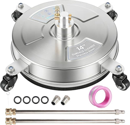 Hourleey 14" Pressure Washer Surface Cleaner, Stainless Steel Surface Cleaner with 4 Wheels for Concrete, Patio, Sidewalk, Deck, Pathway 1/4" Quick Connector, 2 Extension Wand, 4000 PSI