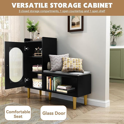 HLR Storage Bench with Glass Door&Shelf, Modern Entryway Shoe Cabinet Bench with Padded Seat, L-Shaped Storage Cabinet for Hallway, Bedroom, Living Room, Office, Black