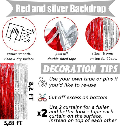 4 Pack 3.2Ft x 8.2Ft Red and Silver Fringe Curtain Backdrop, Metallic Tinsel Foil Fringe Streamers Curtains Background for Photo Booth Wedding Circus Welcome Carnival Birthday Party Decorations