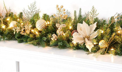 9Ft Christmas Garland Prelit with Gold Berries and Balls,Flower and 50 Lights Plug in,Holiday Decoration Fireplace Stairs Mantle Door Indoor Outdoor