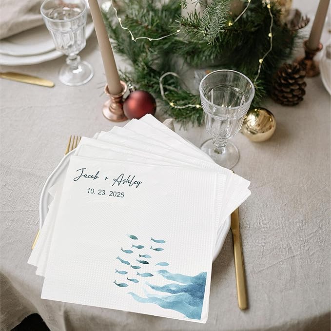 Luxury Custom Cocktail Napkins Wedding, Pack 50 100 150 500 Anniversary Party, Monogram Initials, Rehearsal Dinner Table Decor, Beverage & Luncheon, Saga Green, White Decor Style 1