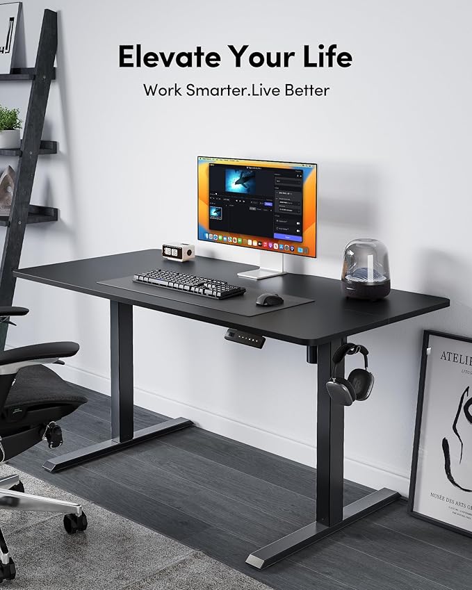 FEZIBO 60 x 24 Inchs Electric Standing Desk, Height Adjustable, Sit Stand Up, Computer Office Desk with Splice Board, Black Frame/Black Top