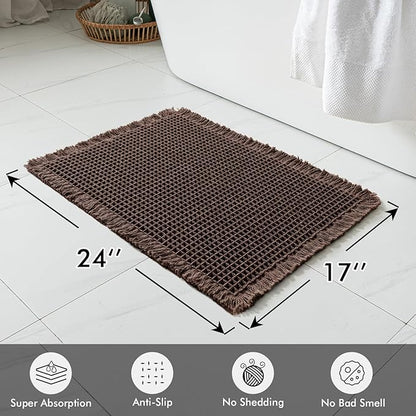 MIULEE Set of 2 Waffle Bathroom Rugs, Boho Bath Rugs Non Slip Washable, Super Absorbent Bath Mats, Ultra Soft Rubber Backed Shower Mats for Bathroom Floor, Tub and Shower, Chocolate, 17x24 Inch