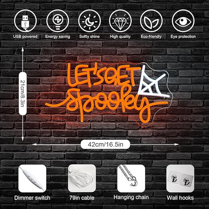 Let's Get Spooky Neon Sign - Halloween Neon Signs for Wall Decor Halloween Neon Light USB Light Up Sign for Halloween Party Decoration,Halloween Decor,Bedroom,Living room,Windows