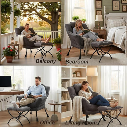 LITA Lazy Chair with Ottoman, Modern Accent Leisure Upholstered Lazy Sofa Armchair, Contemporary Lounge Reading Chair with Armrests and a Side Pocket for Living Room, Bedroom & Small Space, Dark Grey
