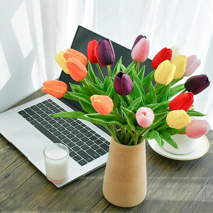 ONLY ART Artificial Multicolor Tulips 20 Pcs – 13.5 Inch PU Faux Flowers with Bendable Stems for Home Décor, Wedding Centerpieces, DIY Floral Arrangements, Table Decorations