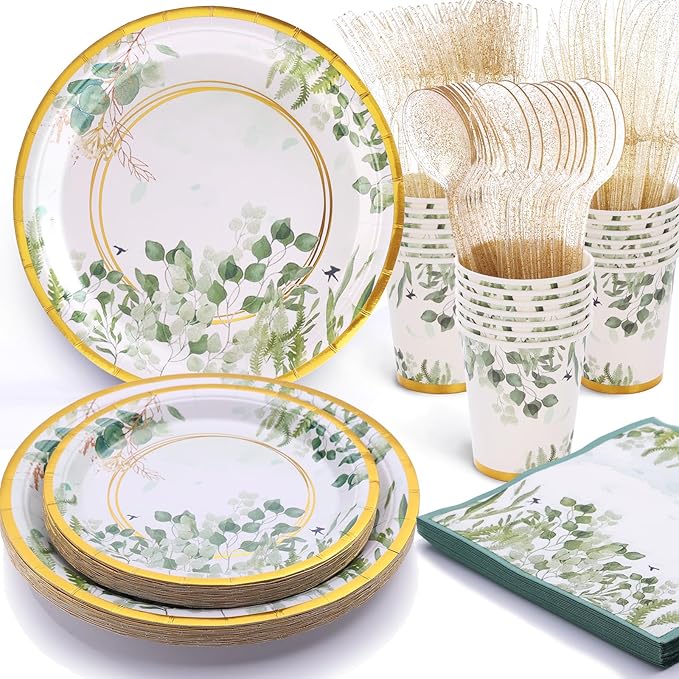 Sage Green Plates and Napkins Party Supplies - Sage Green Paper Plates Tableware Set for Baby Shower, Gender Neutral Birthday, Bride Shower, Wedding Table Decor, Serves 24