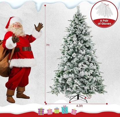 GOFLAME 7 FT Pre-Lit Christmas Tree with Pine Needles, Snow Flocked Christmas Tree with 300 Warm White LED Lights & 1096 Mixed Branch Tips, Hinged Xmas Decoration Tree for Home, Office, Carnival