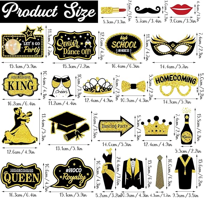Generic 23 Pcs Homecoming Photo Booth Props Kit - Funny Homecoming Dance Party Photo Booth Props for High School or College Homecoming Party Decorations Supplies Favors, Black Gold Selfie Props