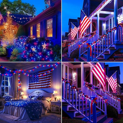 4th of July Decorations Lights Red White & Blue 200 Count 40 Feet Patriotic Mini String Lights Waterproof Independence Day for Indoor Outdoor Christmas Party Patio Memorial Day Décor