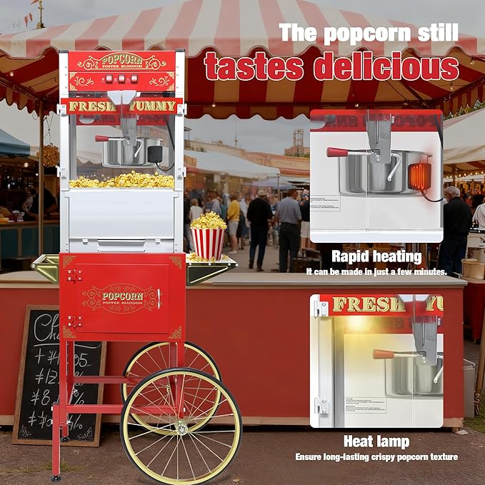 Commercial 20 Oz Popcorn Machine with Cart - 100 Cups, Stainless Steel Kettle, Warming Light - Portable Popper for Home Theater & Parties, Red