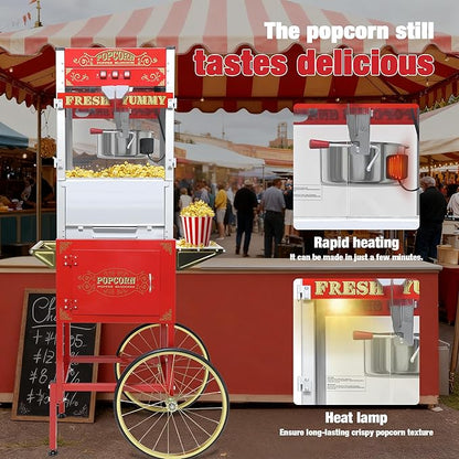 Commercial 20 Oz Popcorn Machine with Cart - 100 Cups, Stainless Steel Kettle, Warming Light - Portable Popper for Home Theater & Parties, Red