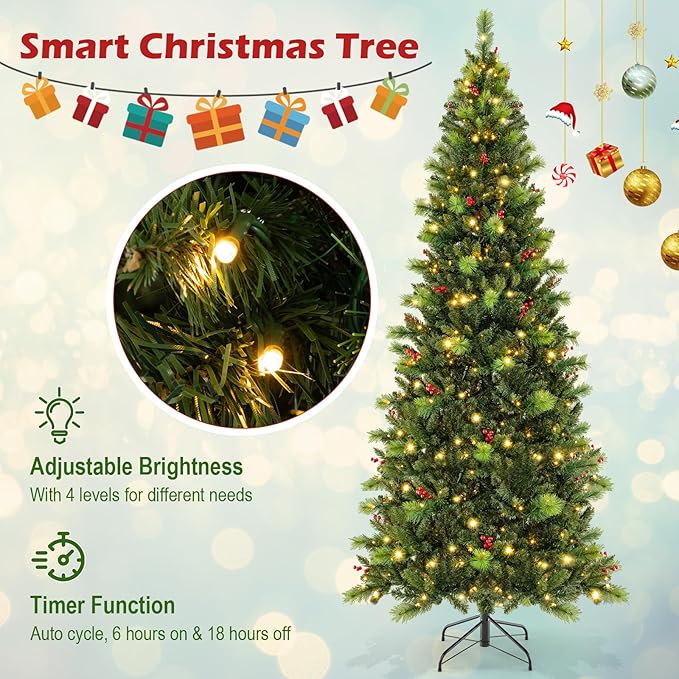 GOFLAME 8FT Pre-Lit Christmas Tree, Hinged Artificial Xmas Tree with Pine Needles, 1272 Branch Tips, 43 Clusters of Red Berries, 500 LED Lights, 9 Lighting Modes, 4 Brightness, Remote Control & Timer