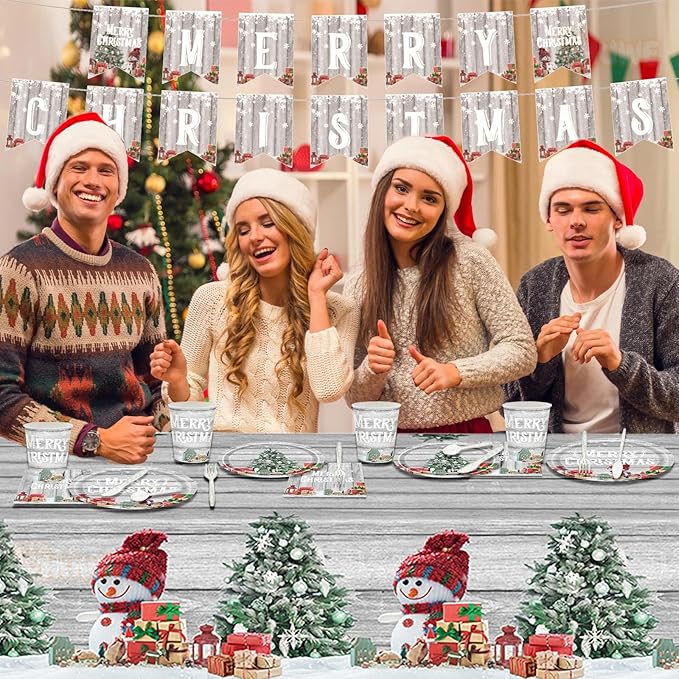Christmas Plates Disposable Party Set, 170 Pcs MERRY CHRISTMAS Banner Tablecloths Plates Paper Napkins Cups Plastic Knifes Forks Spoons for Christmas Dinner Christmas Party Decorations Supplies