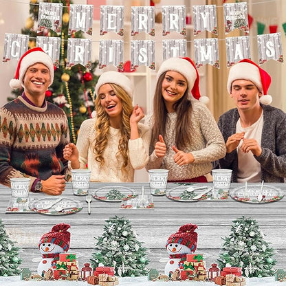 Christmas Plates Disposable Party Set, 170 Pcs MERRY CHRISTMAS Banner Tablecloths Plates Paper Napkins Cups Plastic Knifes Forks Spoons for Christmas Dinner Christmas Party Decorations Supplies
