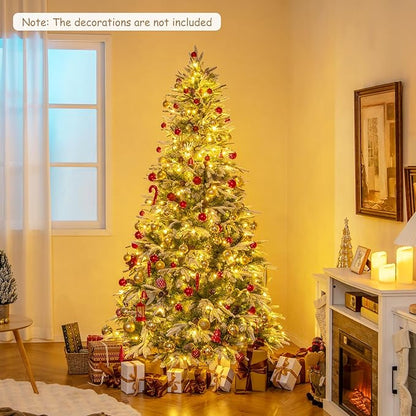 GOFLAME 7.5FT Pre-Lit Artificial Christmas Tree, Snow Flocked Xmas Tree with 1135 Branch Tips, 470 Warm White LED Lights, 81 Pine Cones, Holiday Decoration Tree for Home Office Party