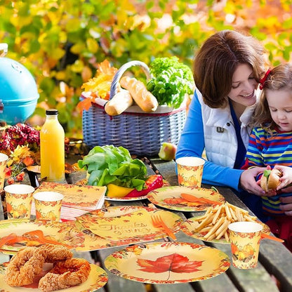 175 PCS Fall Maple Leaves Dinnerware Set Thanksgiving Party Supplies Pumpkin Tableware Include Paper Plates Cups Cutlery Napkins Autumn Harvest Disposable Dinnerware, Serve 25