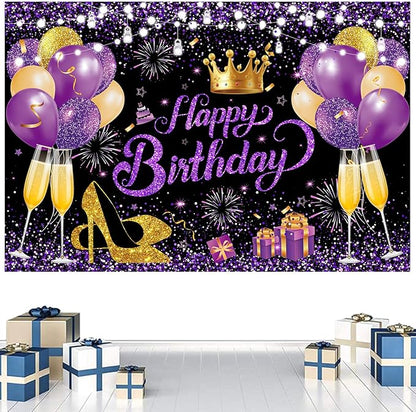 YinQin 180x120 cm Glitter Purple Golden Happy Birthday Party Backdrops Cloth 71x47 inch Photography Bday Backgrounds Black Purple Gold Happy Birthday Sign Banner Decorations for Girl Women