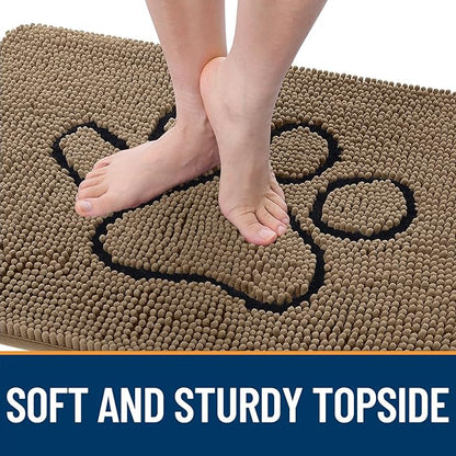 OLANLY Dog Door Mat for Muddy Paws 47x24, Paw Print Design, Absorbs Moisture and Dirt, Absorbent Non-Slip Washable Doormat, Quick Dry Chenille Mud Mat for Dogs, Entry Indoor Entryway Carpet, Tan