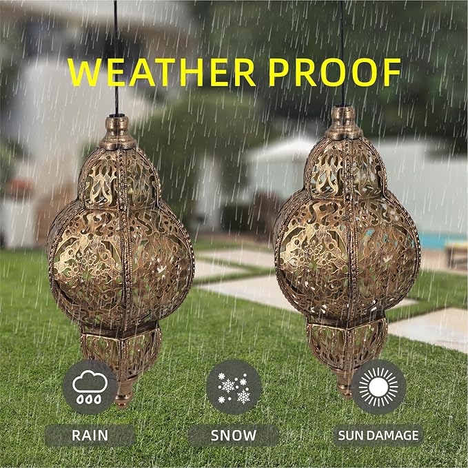 Hanging Solar Lights Garden Lights Metal Moroccan Lamp Waterproof for Outdoor Hanging Decor Yard Backyard Garden Decorative (4 Pack, Bronze)