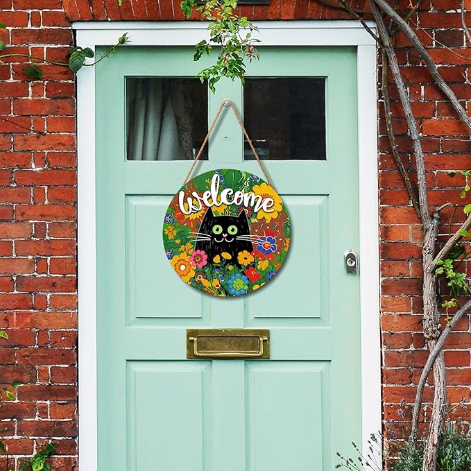 Welcome Spring Black Cat Sign for Front Door Decor Spring Summer Flowers Door Hanger for Outdoor Outside Porch Seasonal Summer Farmhouse Wooden Wreath Colorful Wall Hanging Decoration 12"x12"
