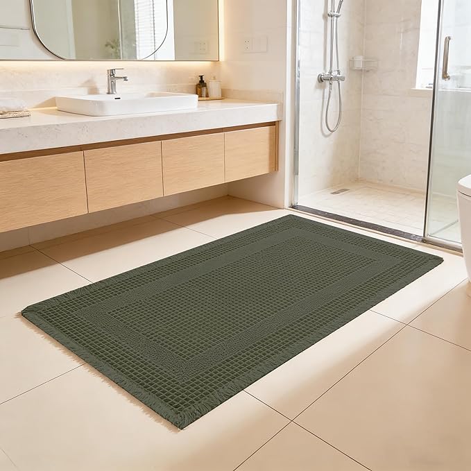 Waffle Bath Mat Non Slip, Boho Runner Rug, Super Absorbent Quick Dry Long Bath Runner Bathroom, Soft Farmhouse Bath Rug with Tassels, Washable Shower Mats for Floor 24"x48", Square Olive Green