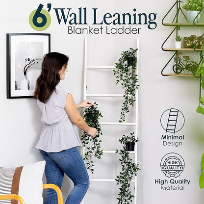 Blanket Ladder for Living Room and Bedroom, 5ft 8 inch, 6-Tier Wall Leaning Laminate Snag Free Construction (White) Rustic Decorative Farmhouse Blanket Storage, Quilt Rack, Ladder Shelf, Easy Assembly