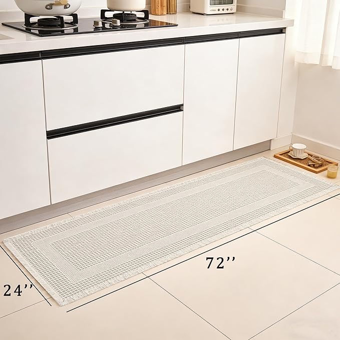 Waffle Runner Rug Non Slip, Boho Bath Mat, Super Absorbent Quick Dry Long Bath Runner Bathroom, Soft Farmhouse Bath Rug with Tassels, Washable Shower Mats for Floor 24"x72", Square Cream