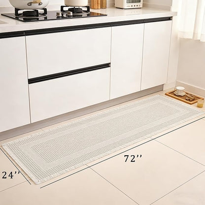 Waffle Runner Rug Non Slip, Boho Bath Mat, Super Absorbent Quick Dry Long Bath Runner Bathroom, Soft Farmhouse Bath Rug with Tassels, Washable Shower Mats for Floor 24"x72", Square Cream