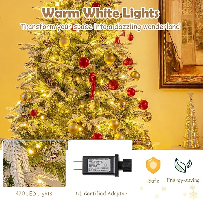 GOFLAME 7.5FT Pre-Lit Artificial Christmas Tree, Snow Flocked Xmas Tree with 1135 Branch Tips, 470 Warm White LED Lights, 81 Pine Cones, Holiday Decoration Tree for Home Office Party