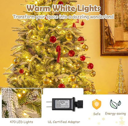 GOFLAME 7.5FT Pre-Lit Artificial Christmas Tree, Snow Flocked Xmas Tree with 1135 Branch Tips, 470 Warm White LED Lights, 81 Pine Cones, Holiday Decoration Tree for Home Office Party