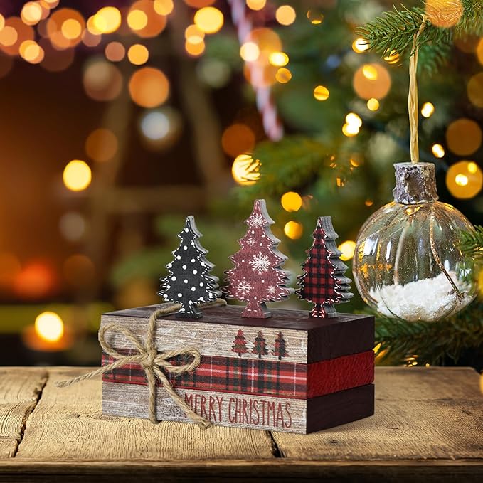Smile Christmas Wooden Books Stack,Red and Black Check Faux Books Bundle, Trees Tiered Tray Decorations, for Home Table Mantle Shelf.