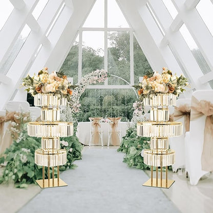 5-Tier Crystal Vase for Table Centerpiece, Large Wedding Decor Flower Stand, Metal Chandelier Stand with Crystal Pendants, Elegant Flower Display Rack for Party Event Home Wedding Decoration (Gold)